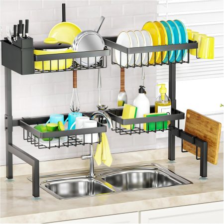Large-capacity, two-tier extendable over-the-sink drying rack